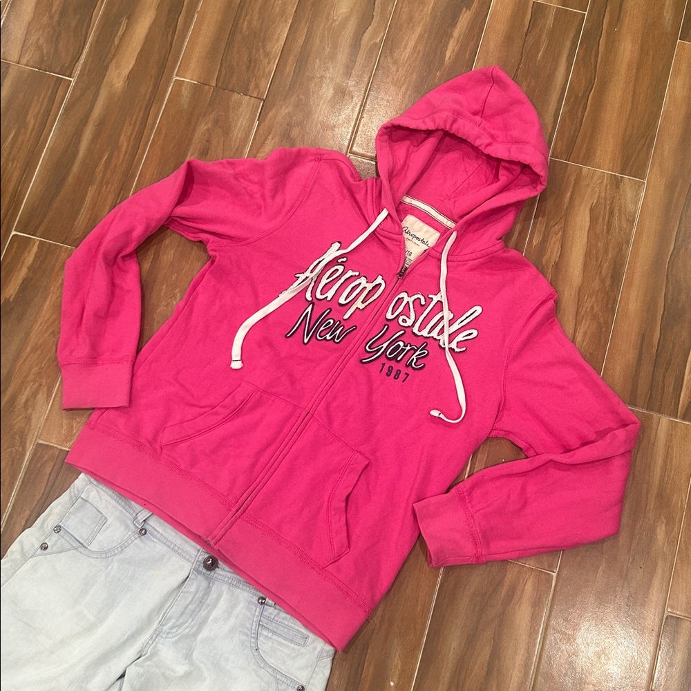 Aeropostale Womens Hot Pink Hoodie M New York 1987 Zip Up Y2K Grunge Streetwea